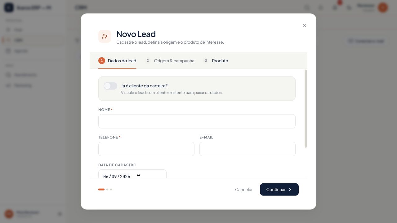 Tela real do cadastro de novo lead no CRM Ikaros